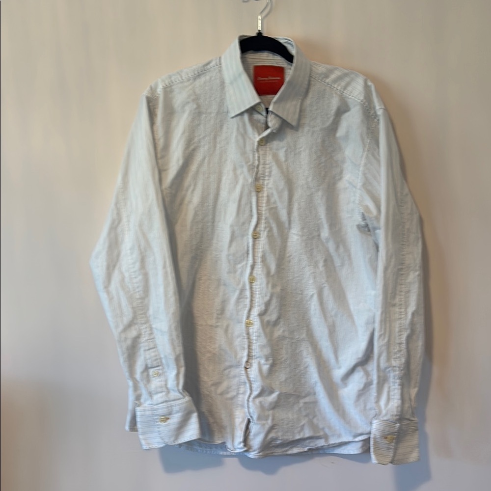 Men's Light Blue and white  pinstrip Shirt with white embroidery size L